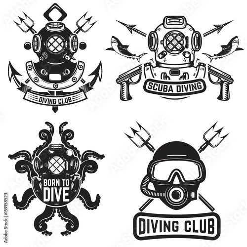 Set of vintage dive helmets. Diver emblems. Diver weapon. Vector illustration
