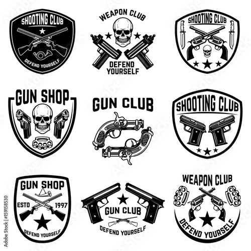 Set of weapon club, gun shop emblems. Labels with handguns. Vector illustration