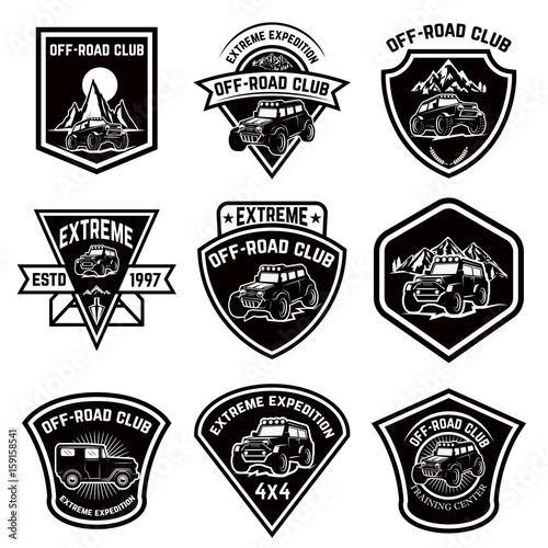 Set of four off-road suv car emblems. Extreme adventure club. Vector illustration