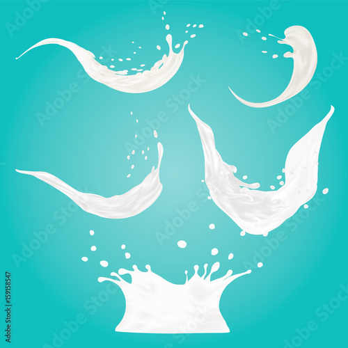set of milk splashes vector isolated over blue background. pouring white liquid or dairy products. Cream, yogurt fall with drops and blots. 3d illustration.