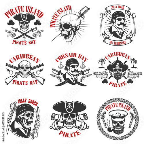 pirate emblems on white background. Corsair skulls, weapon, swords,guns. Design elements for logo, label, emblem, sign, poster, t-shirt. Vector illustration