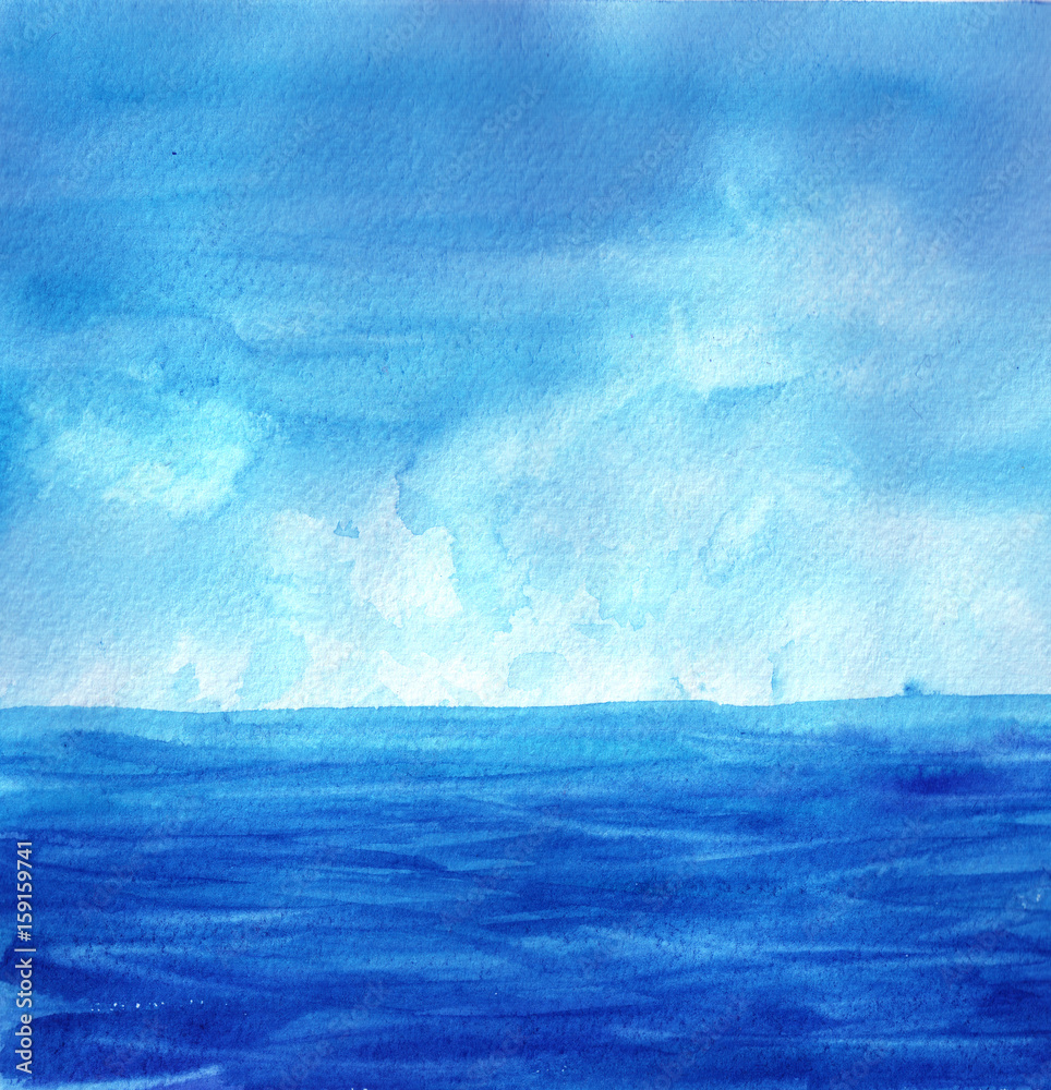 Watercolor hand drawn seascape, landscape. Sea, waves, sky, sun. Background, template for design