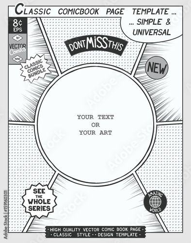 Free space Comic book page template. Comics layout and action with speed lines,
 halftone background and other elements.