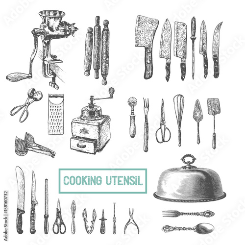 Kitchen utensils set. Vector large collection hand drawn illustration with kitchen tools. Utensil and cooking. Kitchenware sketch. Retro engraving style