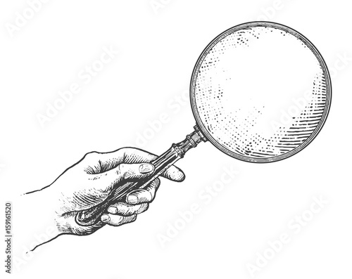 Hand holding magnifying glass. Vintage Victorian Era Engraving style retro vector lineart Hand drawn illustration