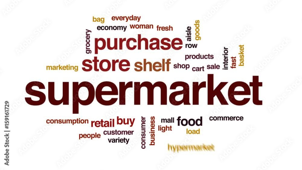 Supermarket animated word cloud, text design animation. Supermarket animated word cloud, text design animation.