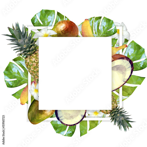 Vector template with tropical fruits and plants. Square  frame with flowers, fruits and palm leaves