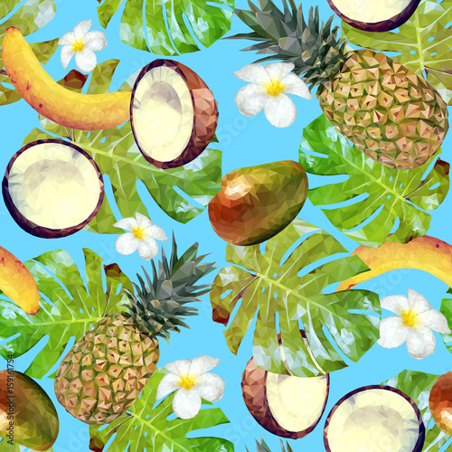 Seamless pattern with tropical fruits and plants. Vector pattern with pineapple, bananas, coconuts, mango, palm leaves and plumeria flowers