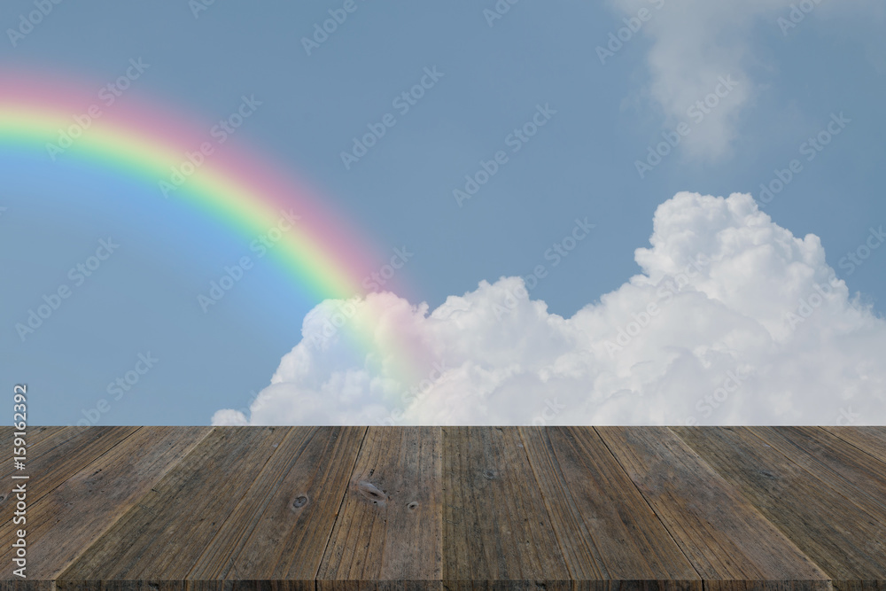 Blue sky cloud with Wood terrace and rainbow - obrazy, fototapety, plakaty 
