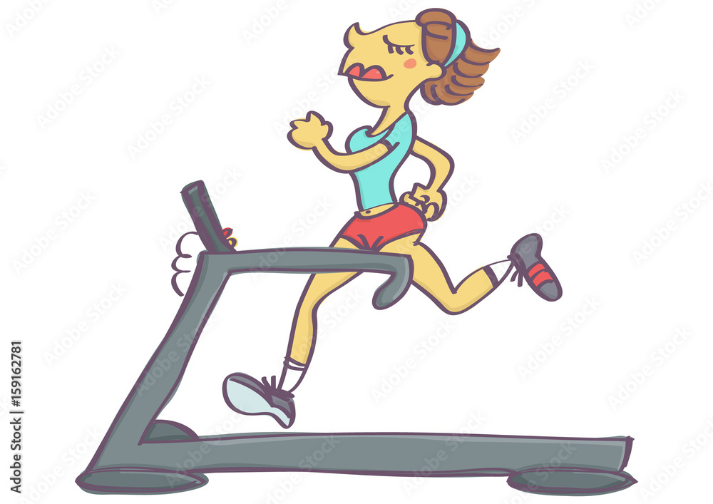 Cute vector cartoon of woman jogging on running machine, isolated Cute vector cartoon of woman jogging on running machine, isolated