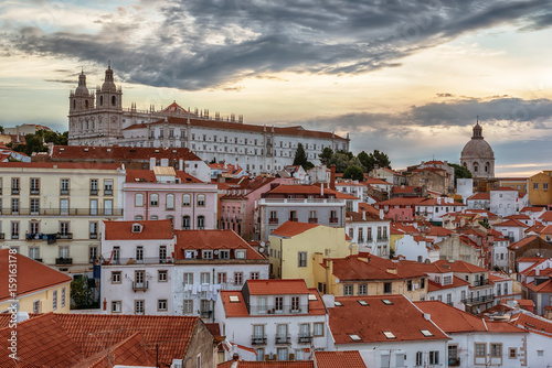 Lisbon, Portugal: aerial view the old town, Alfama at sunrise 