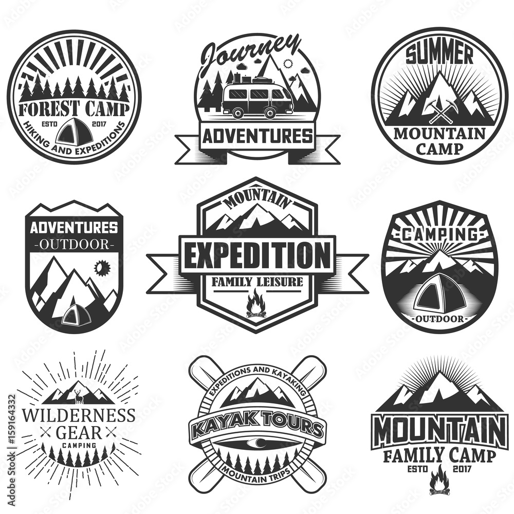Vector set of camping objects isolated on white background. Travel icons and emblems. Adventure outdoor labels, mountains, tent, car, rafting, fire