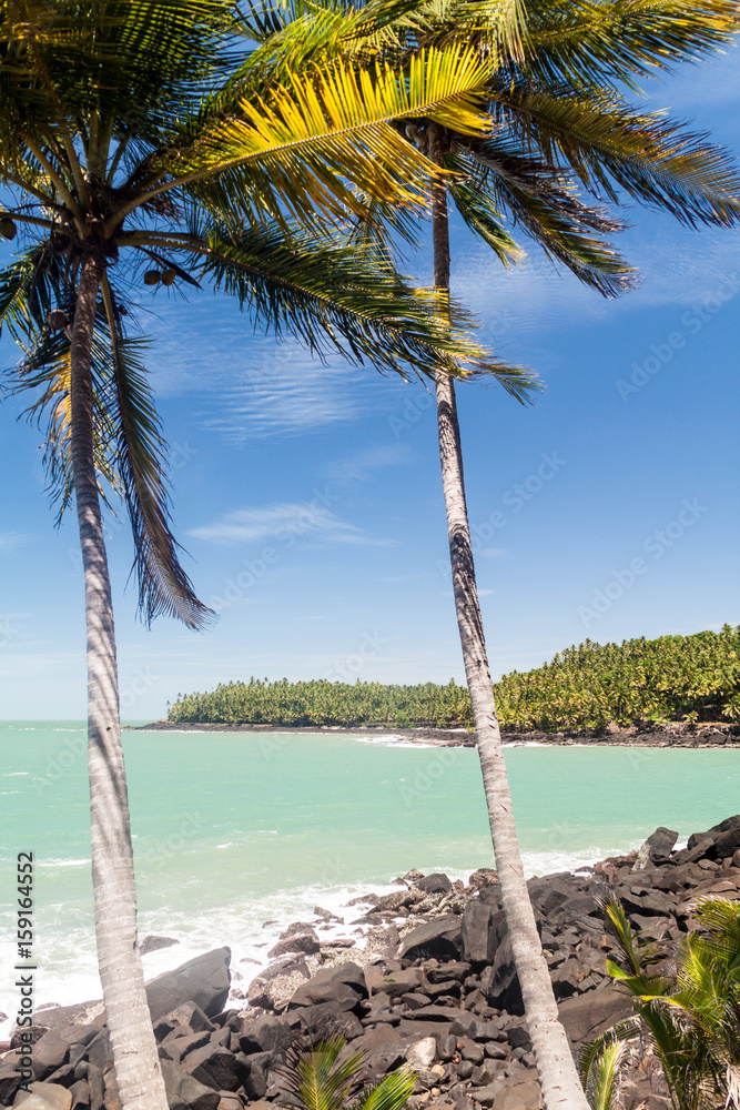 View of Ile Saint Joseph island from Ile Royale in archipelago of Iles