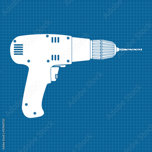 Electric screwdriver. White silhouette drawing. Vector illustration on blueprint background