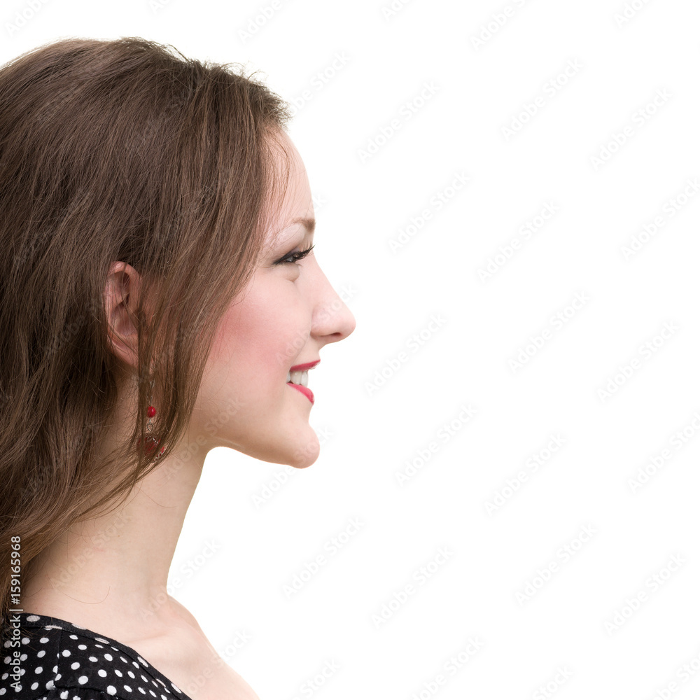 Profile portrait of young smiling woman, isolated on white Profile portrait of young smiling woman, isolated on white