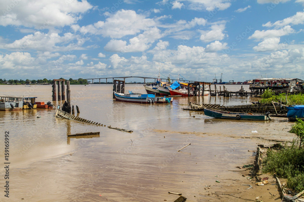 Jules Wijdenbosch bridge over Suriname river in port of Paramaribo, capital of Suriname.