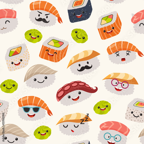 Sushi emoji seamless pattern, cartoon style. Emoticon kawaii character. Hand draw cute japanese food objects. Wallpaper with facial food icon. Colorful vector backdrop