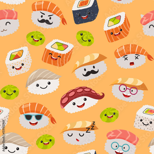 Sushi emoji seamless pattern, cartoon style. Emoticon kawaii character. Hand draw cute japanese food objects. Wallpaper with facial food icon. Colorful vector backdrop