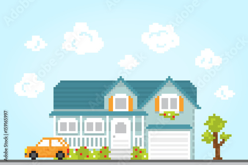 Pixel art style retro game city location house vector illustration