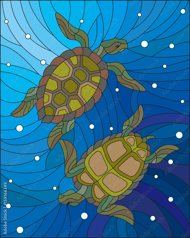 Naklejka premium Illustration in the style of stained glass with two turtles on the background of water and air bubbles