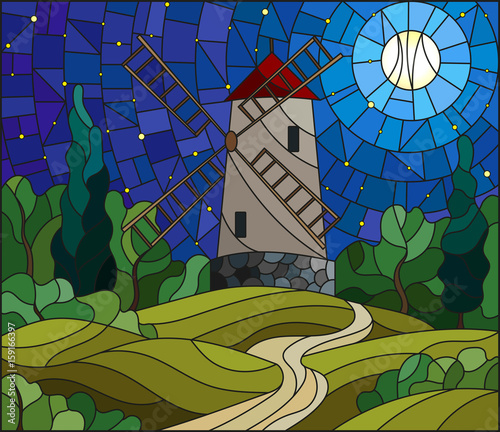 The image in the stained glass style landscape with a windmill on a background of starry sky and moon