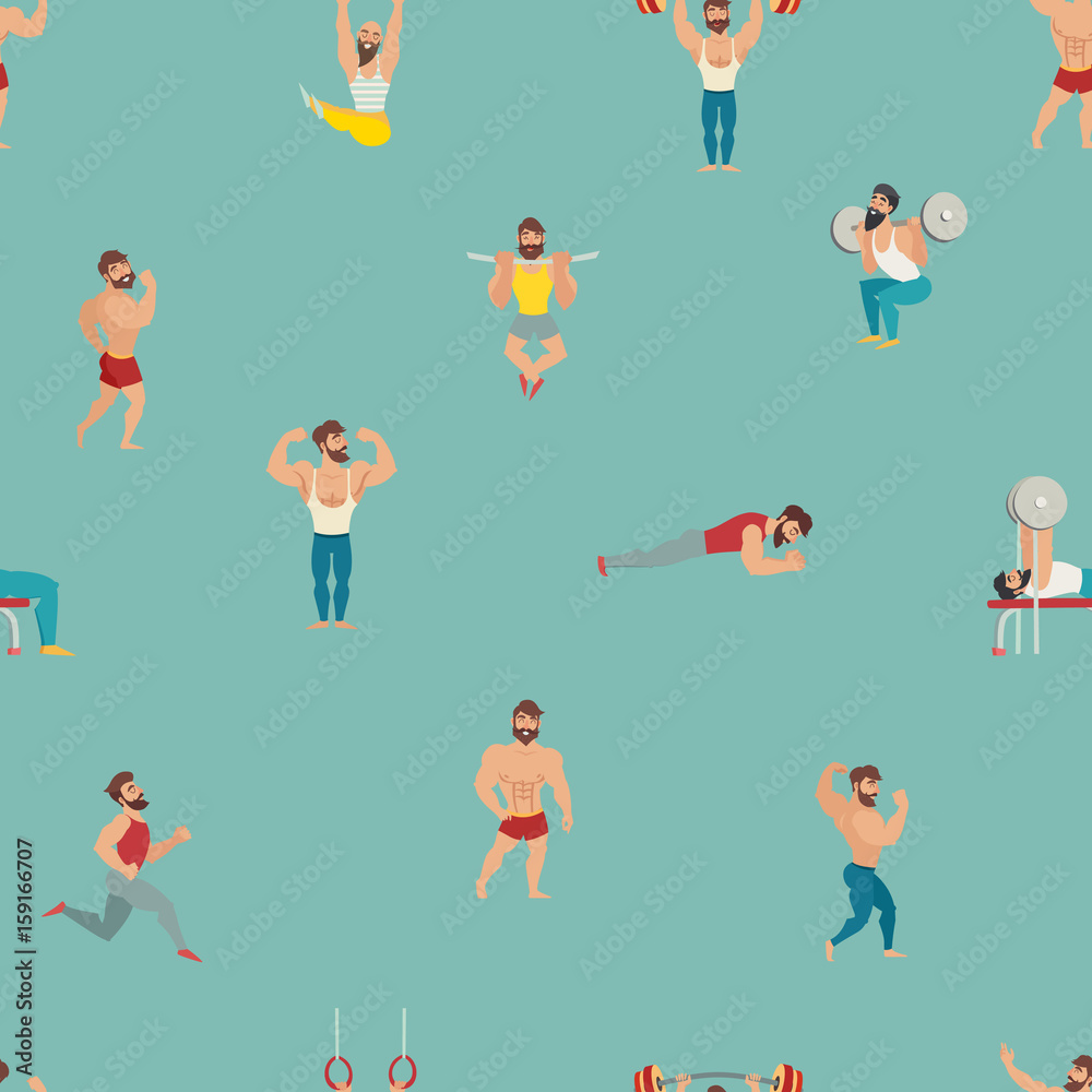 Sport and gym vector pattern. Hand draw backdrop with muscular, bearded  mans illustration. Cartoon seamless background. Wallpaper with fitness  models, posing, bodybuilding Stock Vector | Adobe Stock