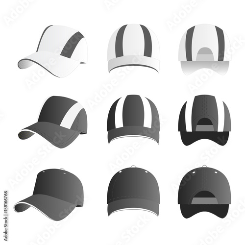 Strip baseball cap grey color with colored mesh and adjustable rubber strap isolated vector set