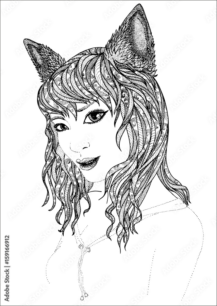Fototapeta premium Cat girl hand drawn vector dot work