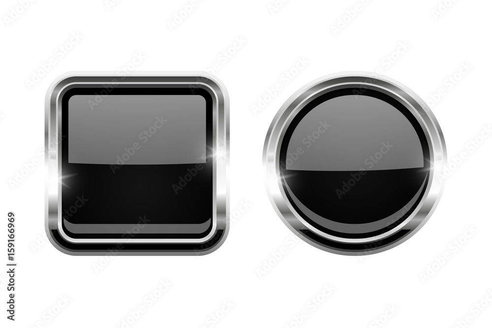 Black shiny buttons. Round and square glass web icons Black shiny buttons. Round and square glass web icons