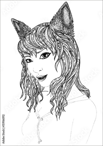 Cat girl hand drawn vector dot work