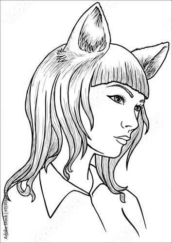 Cat girl hand drawn vector line art