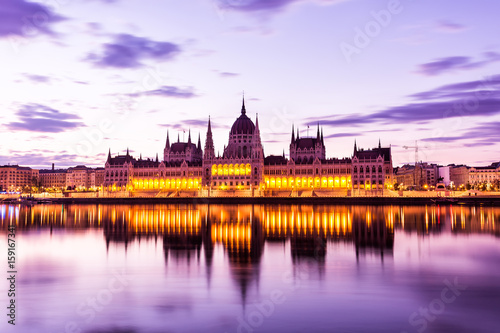 Parliament and riverside in Budapest Hungary during sunrise