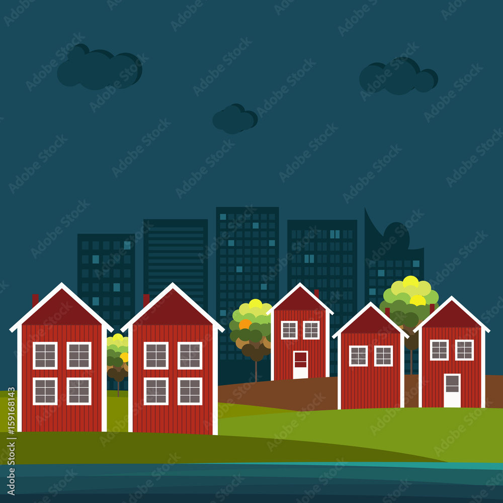 Abstract Wooden Scandinavian Red And White Houses With Sea And Modern Buildings. Night Theme.