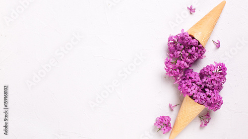 Splendid lilac flowers in waffle cones on grey textured background. Top view. Place for text.