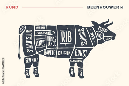 Meat cuts. Poster Butcher diagram and scheme - Beef. Vintage hand-drawn black and white typographic with text on Dutch. Diagrams for butcher shop, design for restaurant or cafe. Vector Illustration