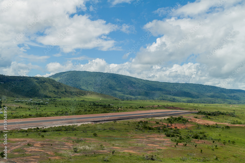Aerial view of an airstrip in Canaima village, Venezuela