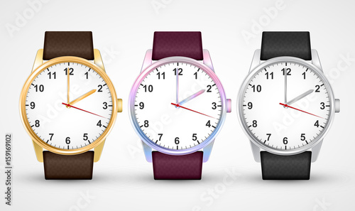 Wrist Watches. Classic design watch set. Isolated on White. Vector illustration.
