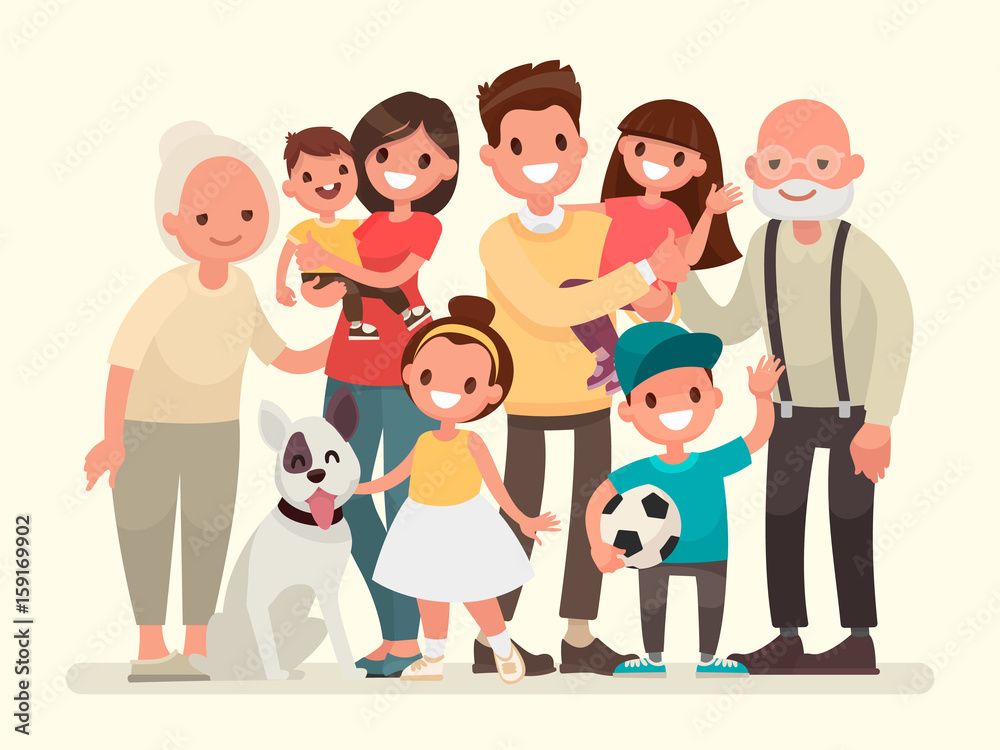 Happy family. Father, mother, grandfather,grandmother, children and pet Happy family. Father, mother, grandfather,grandmother, children and pet
