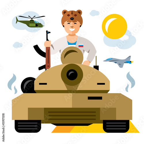 Vector Tankman. Russian military Army. The conflict in the Middle East. Flat style colorful Cartoon illustration.