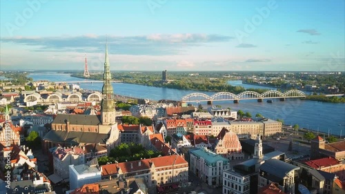 Panoramic Aerial View of the Old Town of Riga from Above, Beautiful Aerial Riga Sunset View, Latvia photo