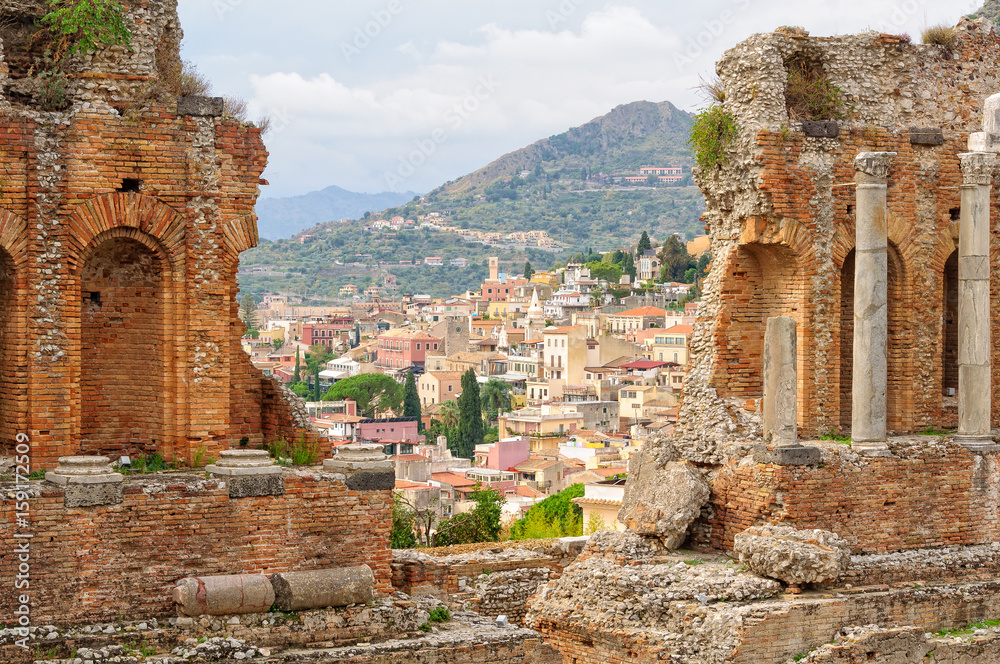 Old town as seen from the stands of Teatro Greco - Taormina, Sicily, Italy