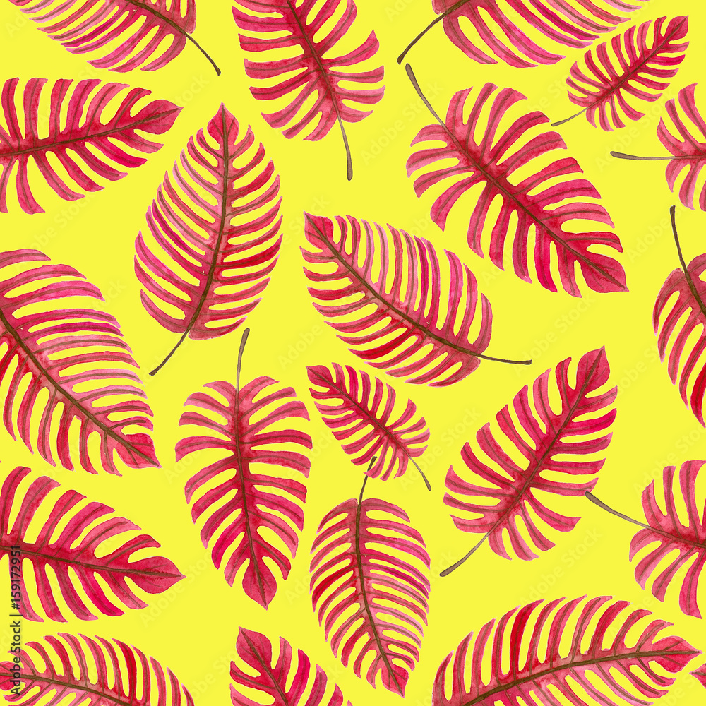 Fototapeta premium Monstera leaves, tropical watercolor pattern for design.