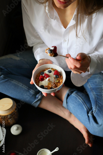 Woman and healthy breakfast, morning, eating, lifestyle