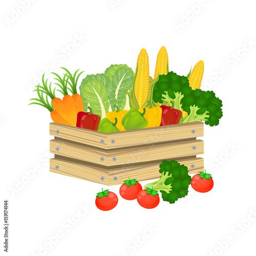 Wooden box and fresh logo with vegetables.retro crate. vegetable carrot tomato broccoli apple cabbage corn peach bell pepper. Vector illustration.