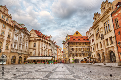 Buildings on the Old Town square Staromestska Namesti in Prague during sunrise, Czech Republic
