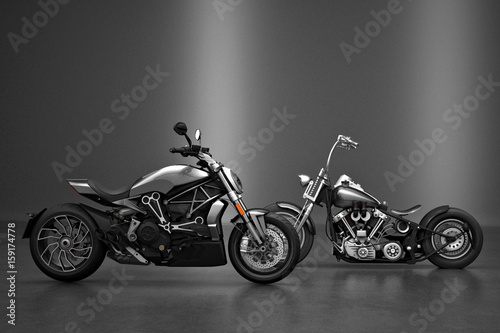 Old and New motorbikes on dark background photo