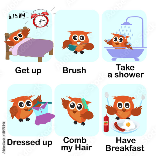 verb word background for preschool.morning set (get up brush take a shower dressed up comb my hair have breakfast).vector illustration.