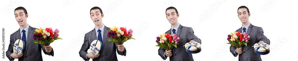 Businessman with giftbox and flowers Businessman with giftbox and flowers