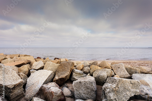 Rock stones and water sea horizon