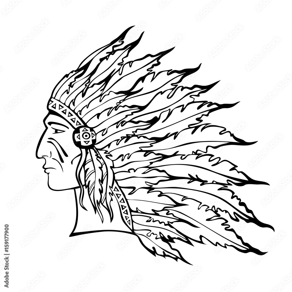 Native Indian in war bonnet black and white sketch. Stock Vector | Adobe  Stock